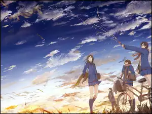Ludzie, Anime, Rower, Niebo