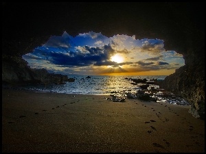Jaskinia, Wschód słońca, Plaża, Morze