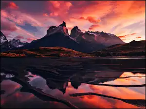 Jezioro, Góry, Zachód, Patagonia, Chmury, Słońca