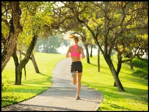 Jogging, Park, Drzewa, Aleja, Kobieta