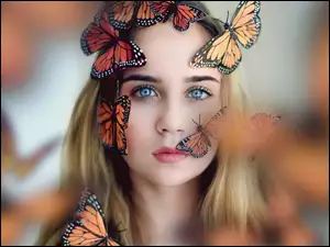 Motyle, Piękna, Niebieskie, Blondynka, Oczy