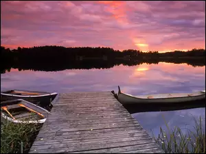 Jezioro, Pomost, Łodzie, Zachód słońca