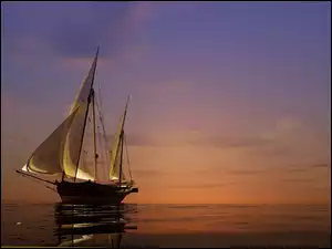 Żaglówka na spokojnym morzu o zachodzie słońca