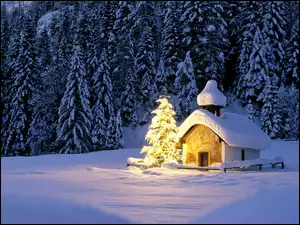 Świąteczny krajobraz z kościołkiem i choinką w zimowym lesie