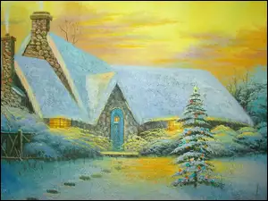 Świąteczny obraz z domem w zimowej scenerii malowany do wierszy Esenina