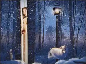 Grafika fantasy z kobietą w drzwiach oraz zajączkiem i pieskiem pod latarnią w płatkach śniegu