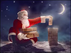 Mikołaj na dachu wrzuca prezenty do komina