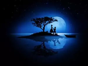 Mężczyzna klęczący przed kobietą na bezludnej wyspie pod drzewem w blasku księżyca