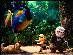 Dziadek wnuczek i kolorowy ptak z animowanego filmu dla dzieci