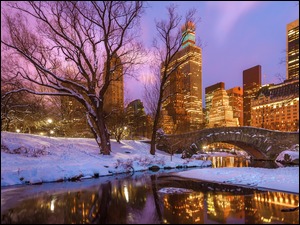 Nowy Jork zimą z mostkiem nad rzeczką