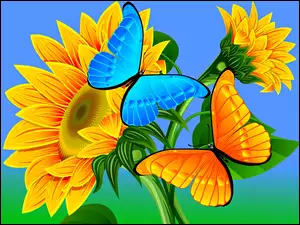 Motyle wśród słoneczników w grafice