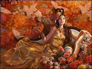 Azjatka w sukni z wachlarzem na fotelu wśród kwiatów