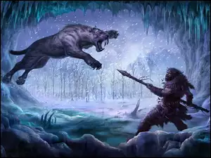 Grafika fantasy z Tygrysem atakującym człowieka w jaskini lodowej