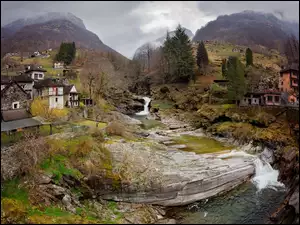 Rzeka Verzasca, Domy, Szwajcaria, Wodospad Rzeka, Dolina Valle Verzasca, Góry