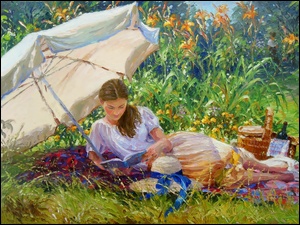 Piknik, Malarstwo, Kobieta, Łąka, Parasol