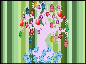 Wielkanocna grafika 2D z pisankami i drobnymi kwiatkami na drzewie