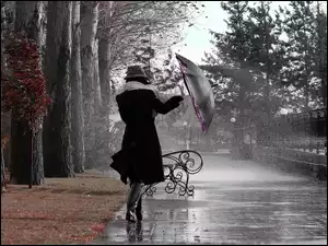 Park, Kobieta, Parasol, Deszcz