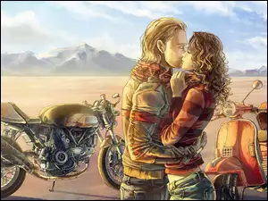 Para w miłosnym uścisku przy motocyklach