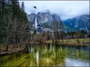 Rzeka i góry spowite mgłą w amerykańskim Parku Narodowym Yosemite