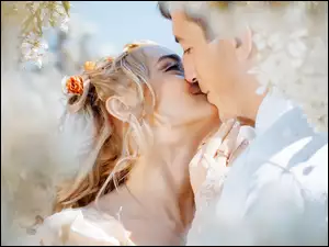 Pocałunek szczęśliwych nowożeńców pod kwitnącą gałązką