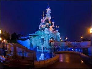 Paryż, Zamek Śpiącej Królewny, Sleeping Beauty Castle, Noc, Disneyland, Francja