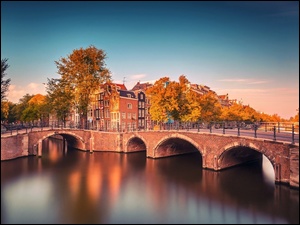 Budynki, Amsterdam, Rzeka, Jesień, Mosty, Drzewa