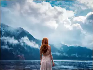 Mgła, Kobieta, Chmury, Góry, Jezioro