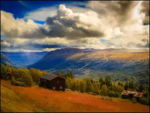 Jesień, Domy, Pochmurne, Góry, Norwegia, Niebo, Las