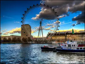 Statki, Londyn, London Eye, Anglia, Tamiza, Chmury