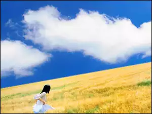 Chmury, Kobieta, Krajobraz, Zboże, Niebo, Pole