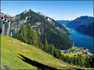 Jezioro, Achensee, Góry, Kolejka, Tyrol, Górska, Lasy, Wioska