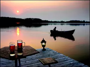 Jezioro, Łódź, Zachód słońca, Rybak