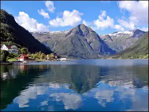 Sognefjord, Przebijające, Góry, Światło, Lasy, Domy