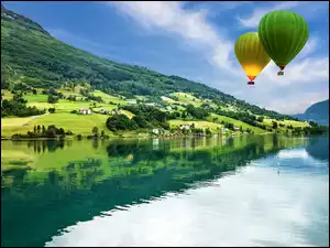 Balony, Góry, Roślinność, Domy, Rzeka