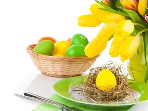 Wielkanoc, Bukiet, Koszyk, Tulipanów, Jajka