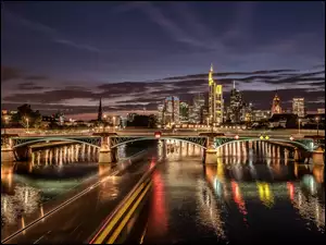 Rzeka, Miasto, Niemcy, Noc, Frankfurt, Most