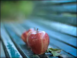 Jabłko i listek na ławce