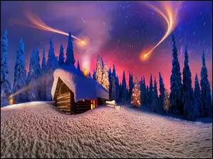 Drewniany domek w zimowej szacie i gwiazdki oświetlające okolicę