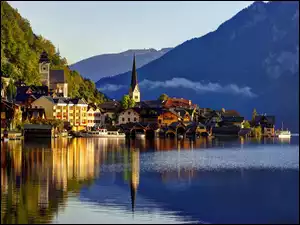 Jezioro, Statki, Austria, Hallstatt, Alpy, Górski, Masyw