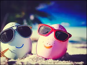 Jajka na plaży w okularach przeciwsłonecznych