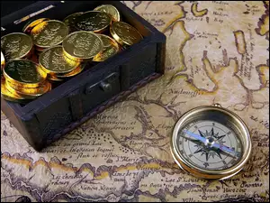 Mapa skarbów z kompasem i skrzynką pełną złotych monet