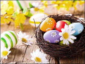 Wielkanocna dekoracja pisankami w koszyku i kwiatami