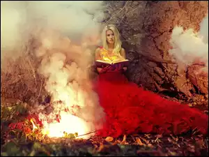 Las, Ogień, Kobieta, Fantasy, Blondynka, Książka