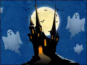 Halloween, Zamek, Księżyc, Duchy, Grafika