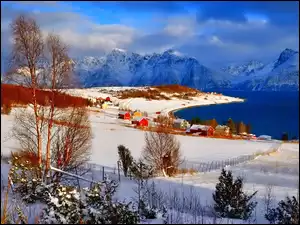 Norwegia, Zima, Czerwone, Góry, Domy