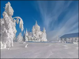 Cerkiew, Zima, Ośnieżone, Śnieg, Drzewa