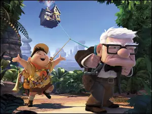 Dziadek i wnuczek na wycieczce postacie z animowanego filmu Odlot