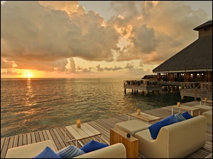 Ocean, Malediwy, Zmierzch, Zachód słońca, Ośrodek