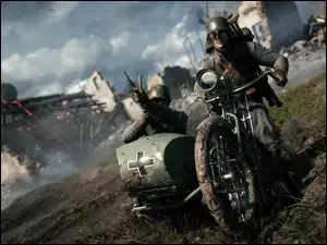 Żołnierze na motocyklu podczas walki w grze komputerowej Battlefield