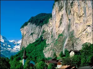 Las, Kościół, Lauterbrunnen, Domy, Góry, Wodospad